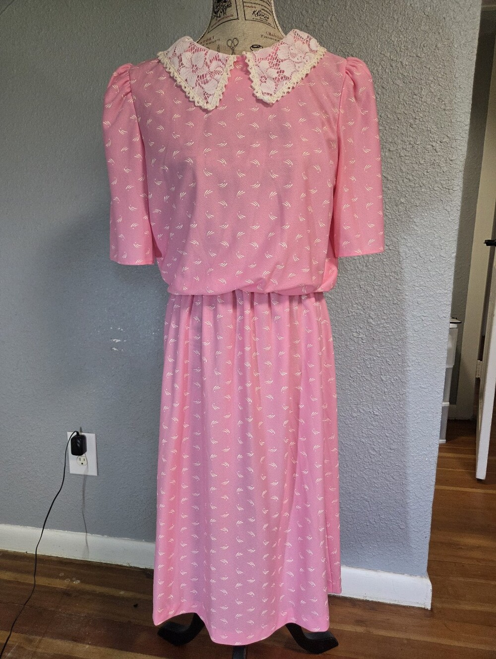 80s Vintage Glamax Pink Secretary Dress PeterPan Lace Collar Elastic Waist 13/14